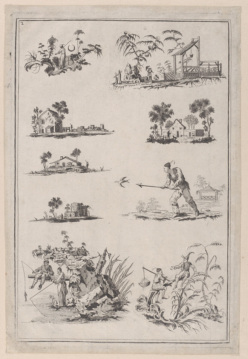 Chinoiserie Ornaments; six plates from "The Ladies Amusement"; or, "Whole art of japanning made easy", Jean Pillement (French, Lyons 1728–1808 Lyons), Etching 