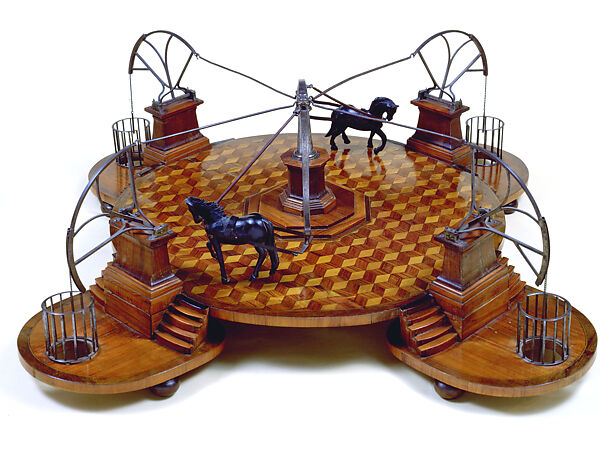 Model for operating four hydraulic pumps, Beech wood, walnut wood, mahogany, metal., Italian, Florence 