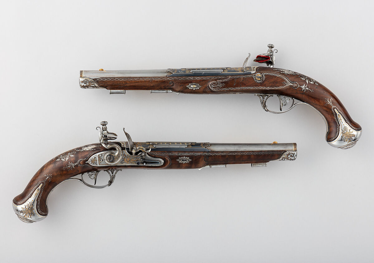Pair of Flintlock Pistols Made for Grand Duke Constantine Pavlovich of Russia (1779–1831), Tula Arms Factory (Russian, Tula, 1712–Present), Steel, silver, gold, wood, Russian, Tula