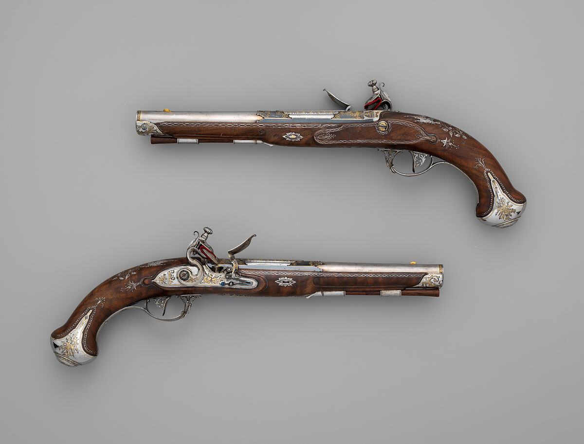 Pair of Flintlock Pistols Made for Grand Duke Constantine Pavlovich of Russia (1779–1831), Tula Arms Factory (Russian, Tula, 1712–Present), Steel, silver, gold, wood, Russian, Tula
