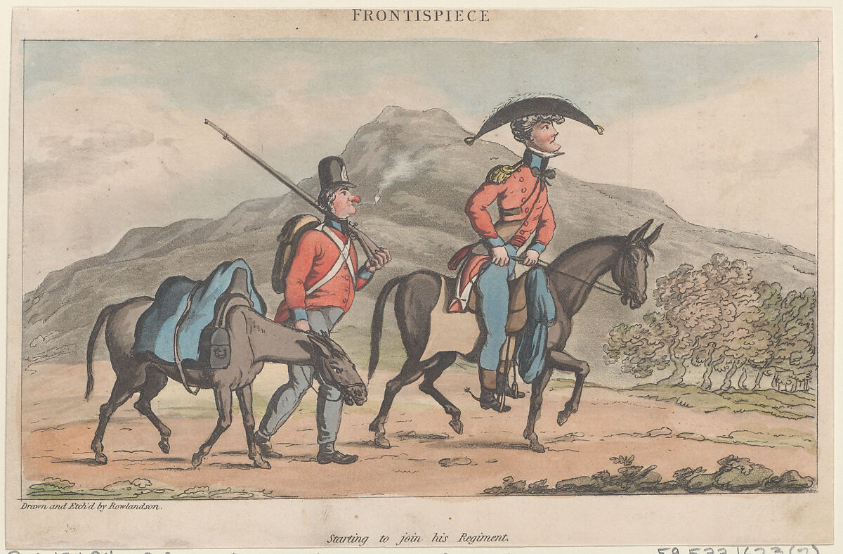 Frontispiece: Starting to join his regiment, Thomas Rowlandson (British, London 1757–1827 London), Hand-colored etching and aquatint 