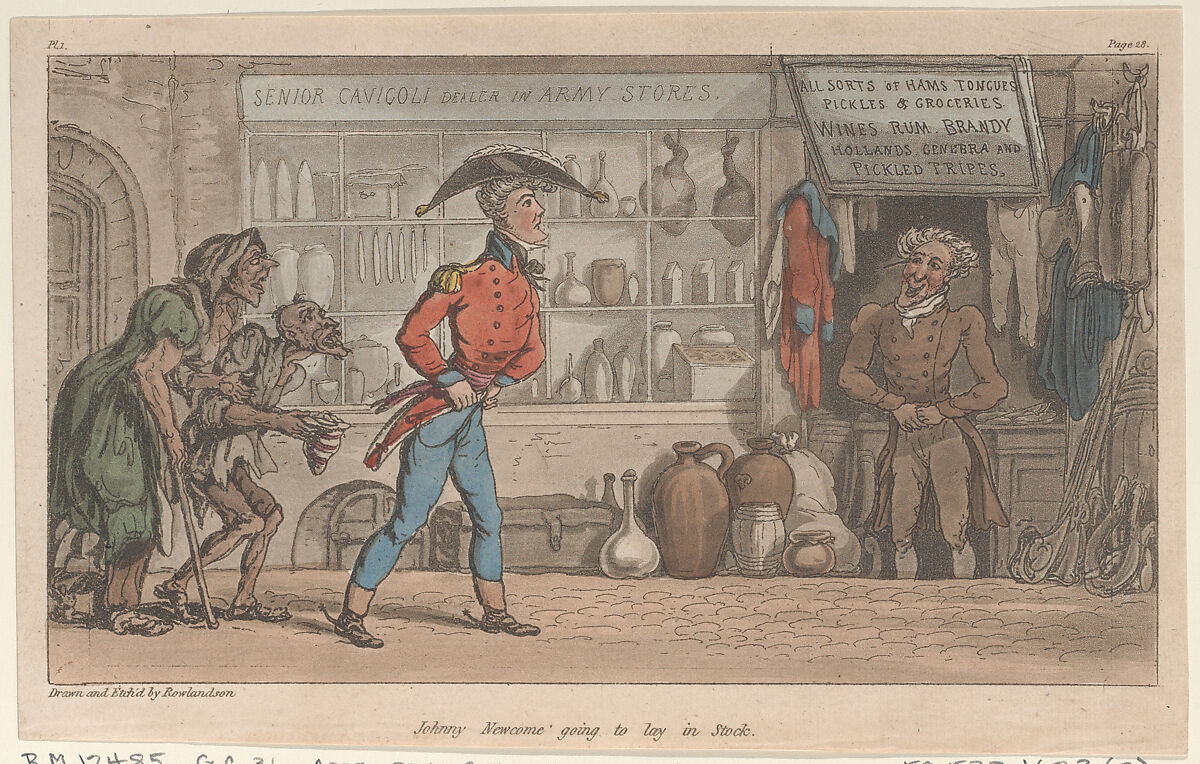 Johnny Newcome going to lay in Stock, Thomas Rowlandson (British, London 1757–1827 London), Hand-colored etching and aquatint 