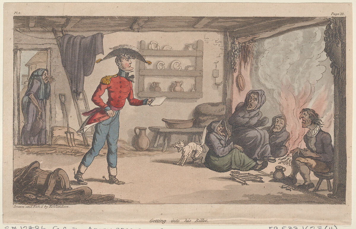 Getting into his Billet, Thomas Rowlandson (British, London 1757–1827 London), Hand-colored etching and aquatint 