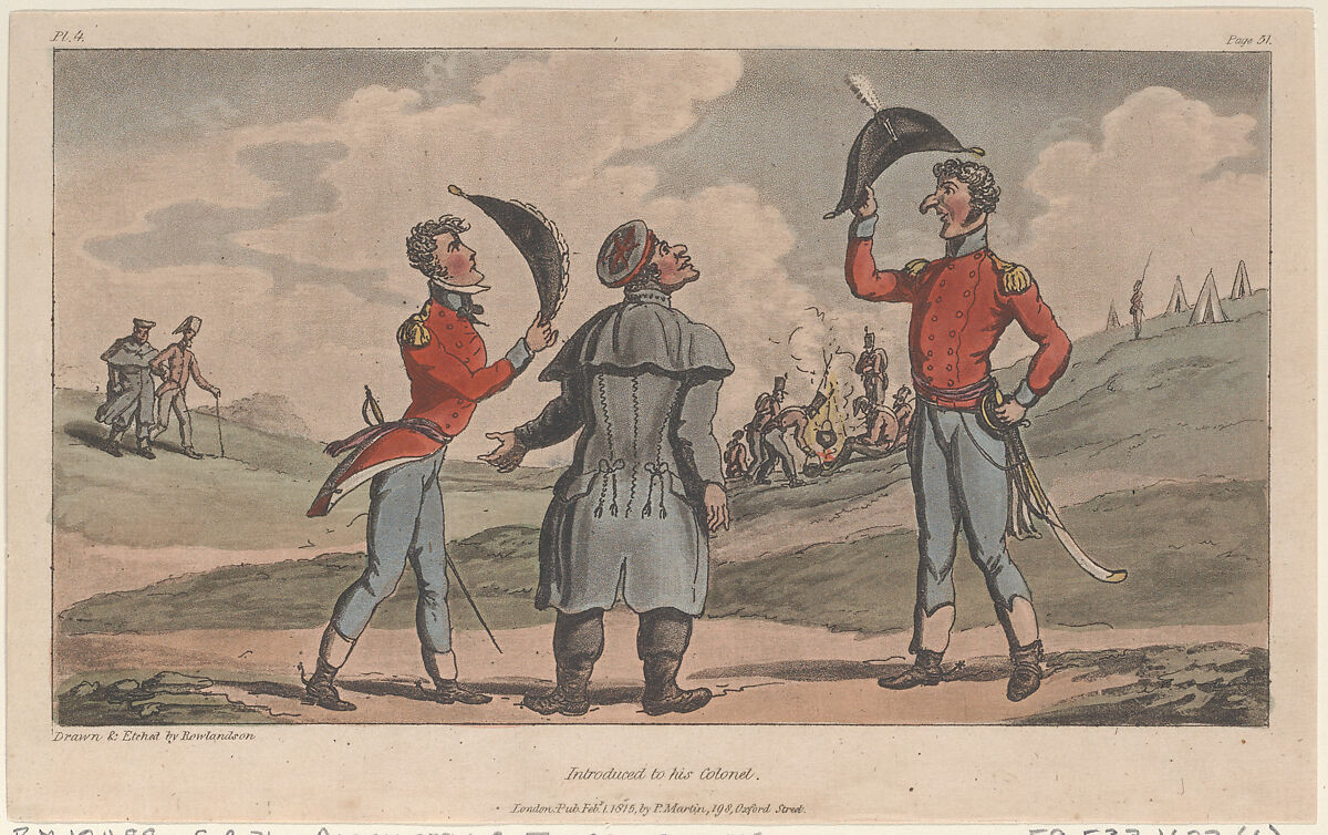 Introduced to his Colonel, Thomas Rowlandson (British, London 1757–1827 London), Hand-colored etching and aquatint 