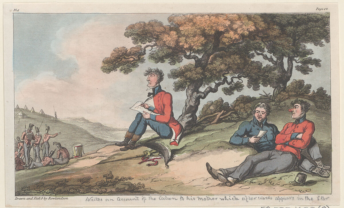 Johnny writes an account of the action to his mother, which afterwards appears in the Star, Thomas Rowlandson (British, London 1757–1827 London), Hand-colored etching and aquatint 