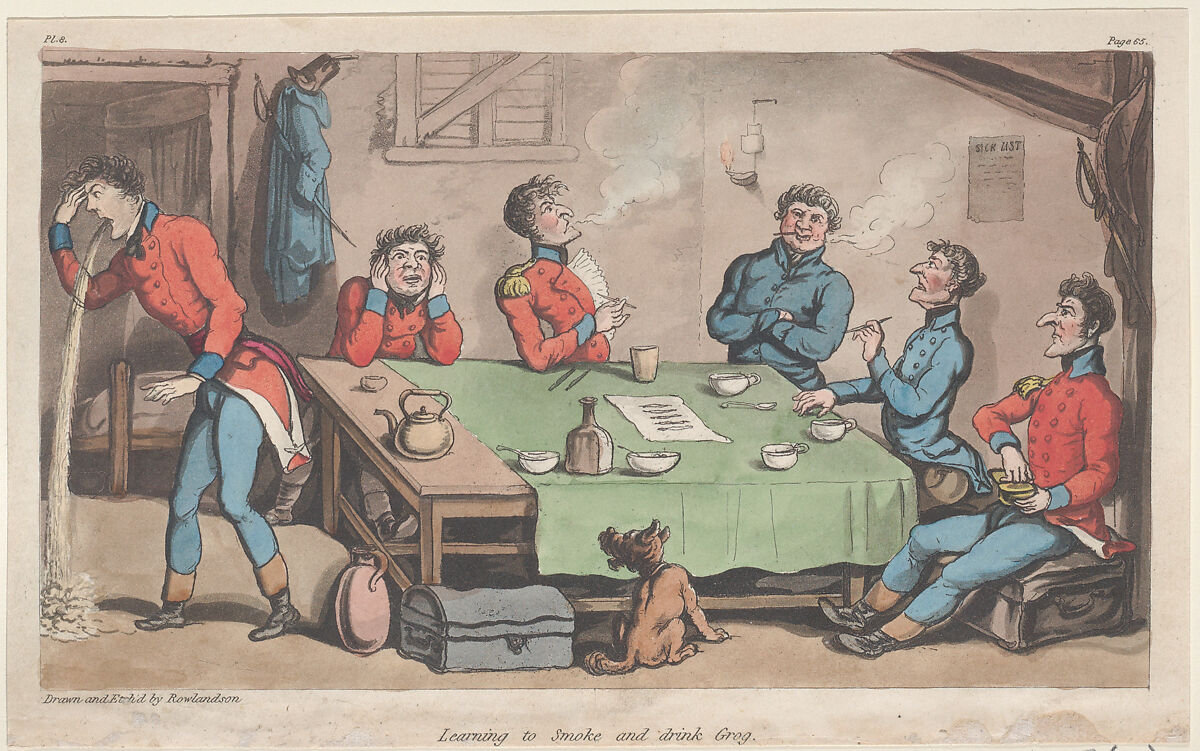 Learning to Smoke and Drink Grog, Thomas Rowlandson (British, London 1757–1827 London), Hand-colored etching and aquatint 