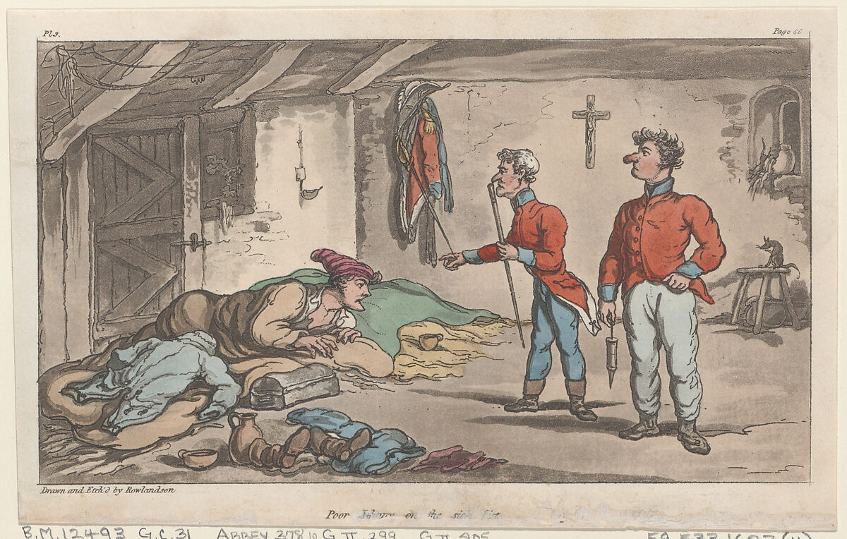 Poor Johnny on the sick list, Thomas Rowlandson (British, London 1757–1827 London), Hand-colored etching and aquatint 