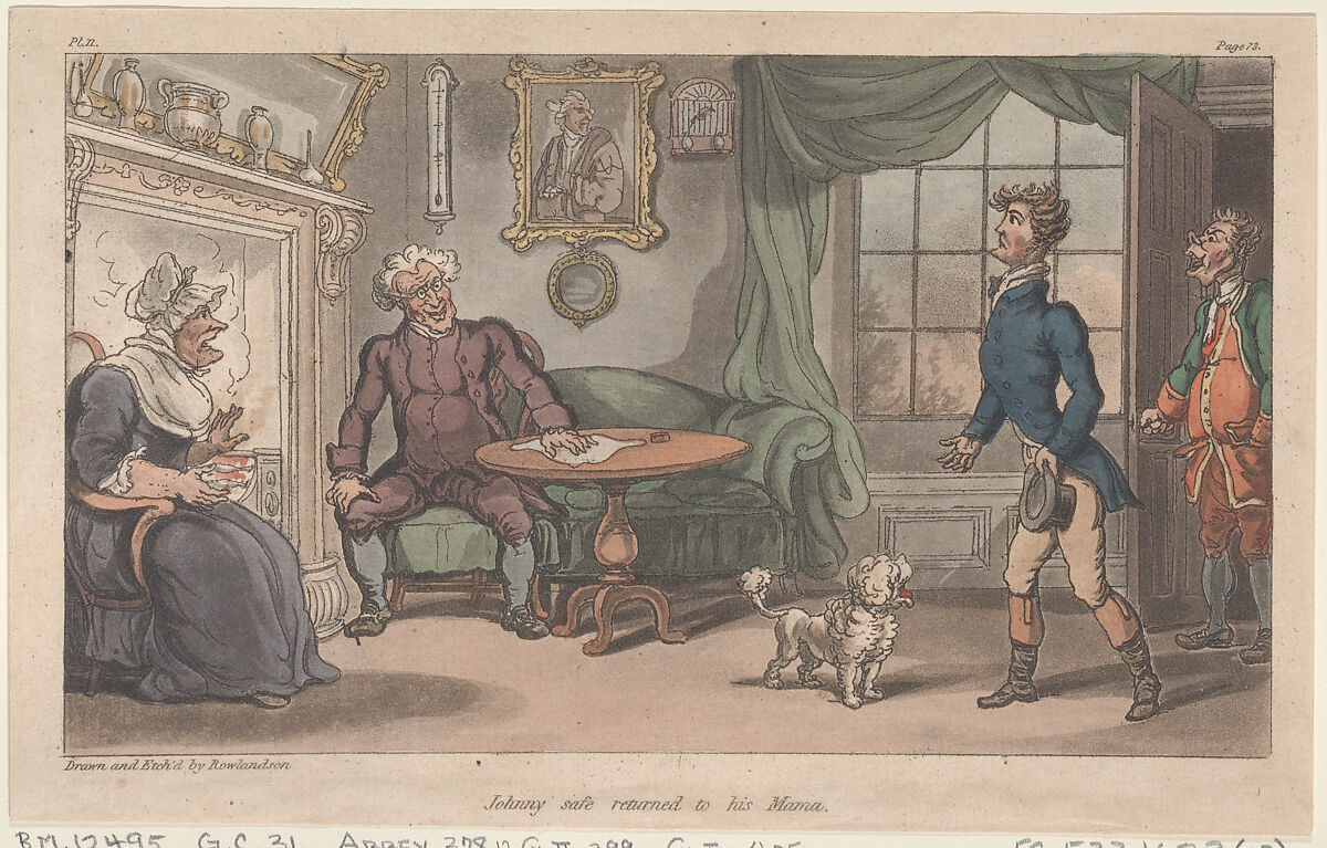 Johnny safe returned to his Mama, Thomas Rowlandson (British, London 1757–1827 London), Hand-colored etching and aquatint 