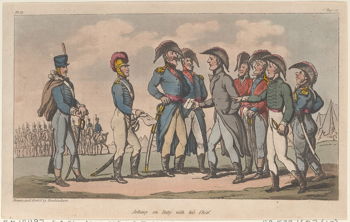 Johnny on Duty with his Chief, Thomas Rowlandson (British, London 1757–1827 London), Hand-colored etching and aquatint 