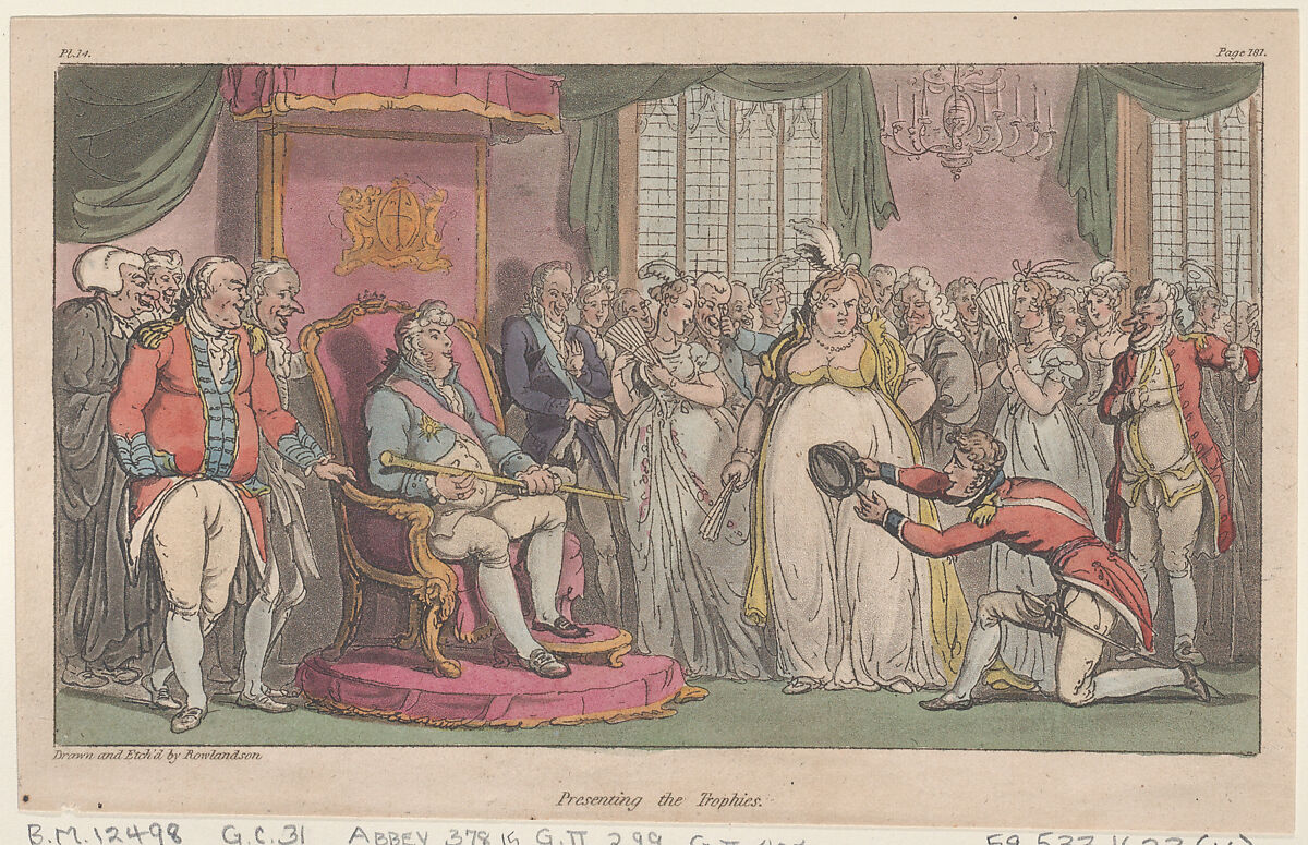 Presenting the Trophies, Thomas Rowlandson (British, London 1757–1827 London), Hand-colored etching and aquatint 