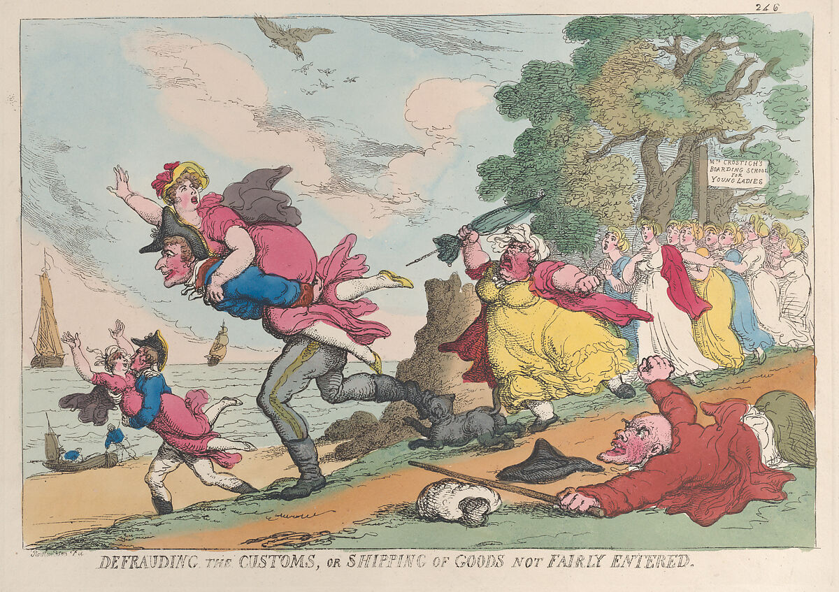 Defrauding the Customs, or Shipping the Goods Not Fairly Entered, Thomas Rowlandson (British, London 1757–1827 London), Hand-colored etching 