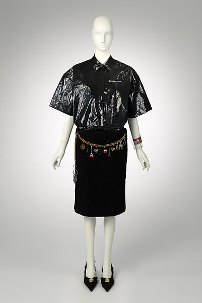 Ensemble, House of Balenciaga (French, founded 1937), (a) plastic (polyethylene), (b) synthetic fiber, metal, (c, d) synthetic fiber, leather, metal, (e) plastic, (f) metal, French 