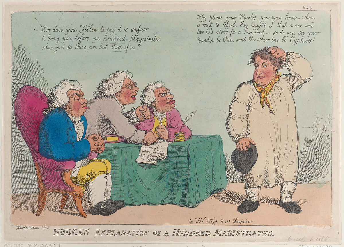 Hodge's Explanation of a Hundred Magistrates, Thomas Rowlandson (British, London 1757–1827 London), Hand-colored etching 