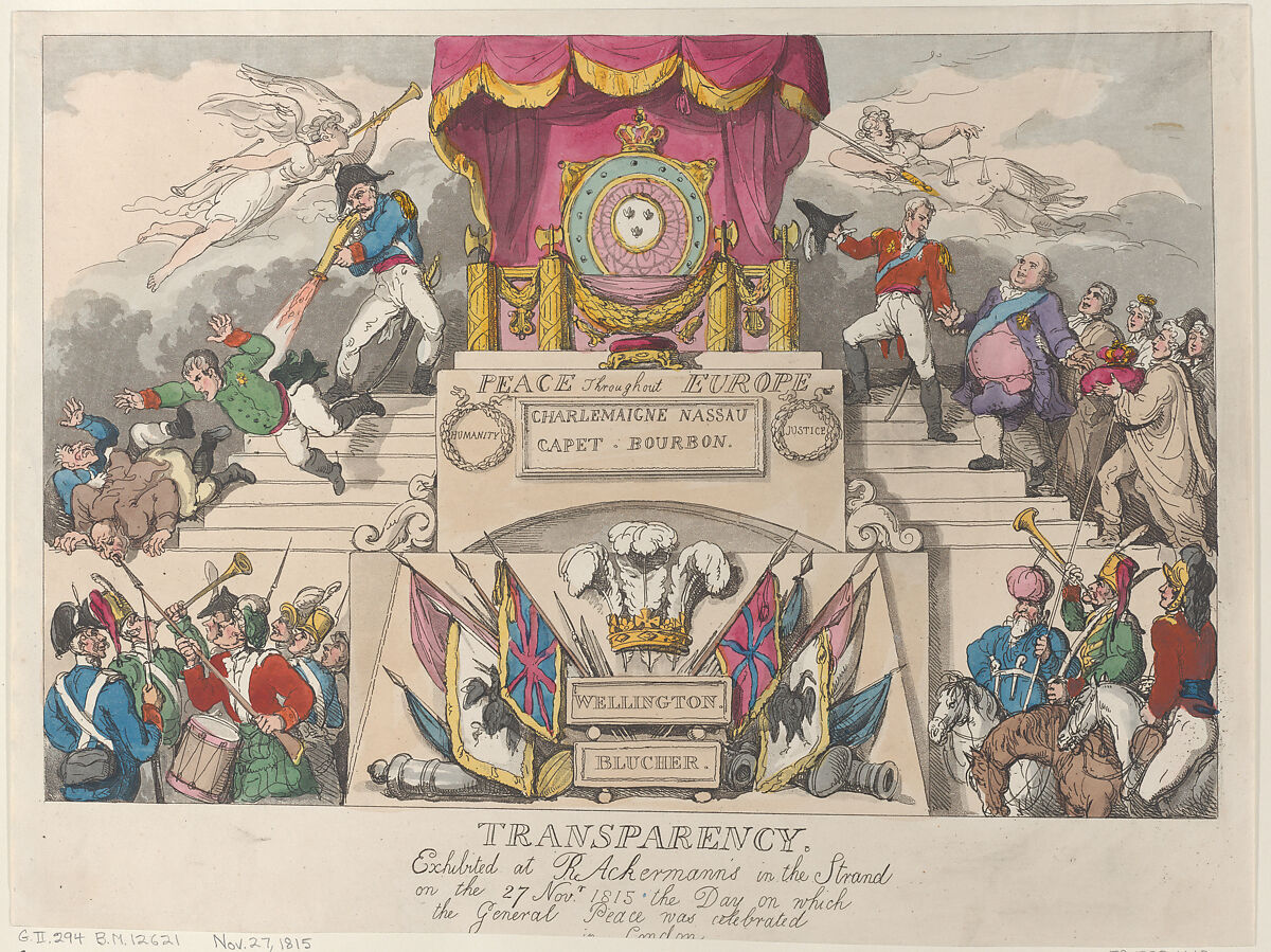 Transparency: Exhibited at R. Ackermann's in the Strand on the 27th November 1815, the Day on which the General Peace was Celebrated in London, Thomas Rowlandson (British, London 1757–1827 London), Hand-colored etching 