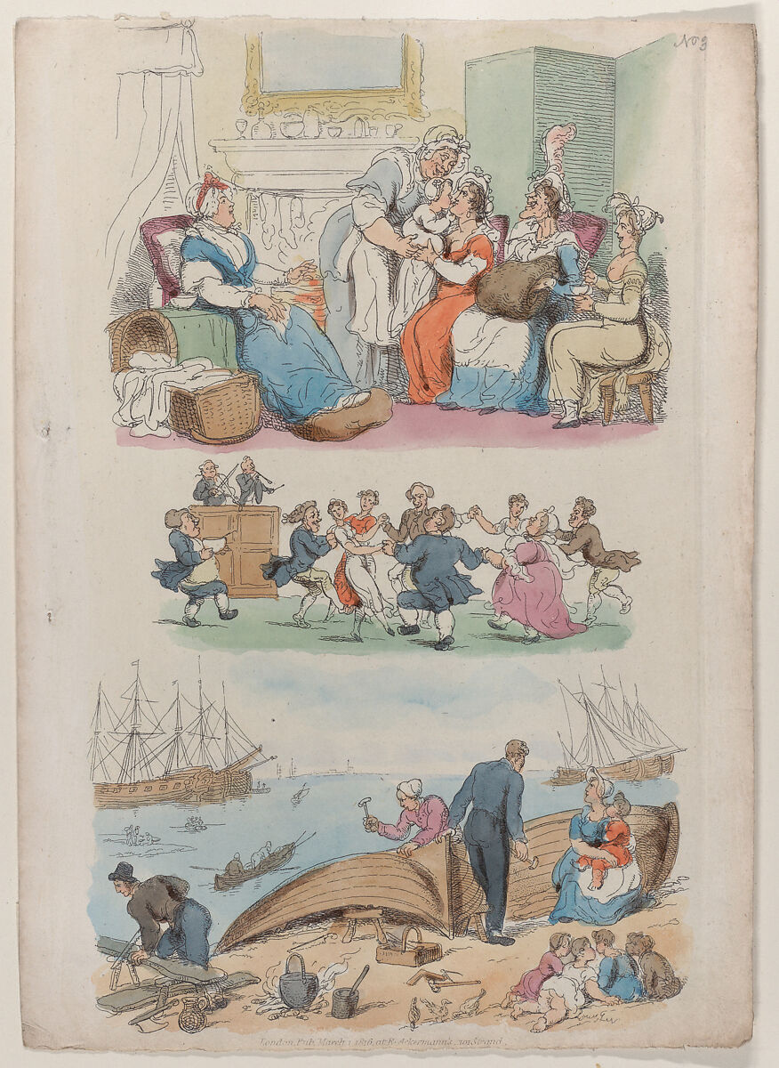 Plate 4: A Lying-in Visit, A Round Dance, from "World in Miniature", Thomas Rowlandson (British, London 1757–1827 London), Hand-colored etching 