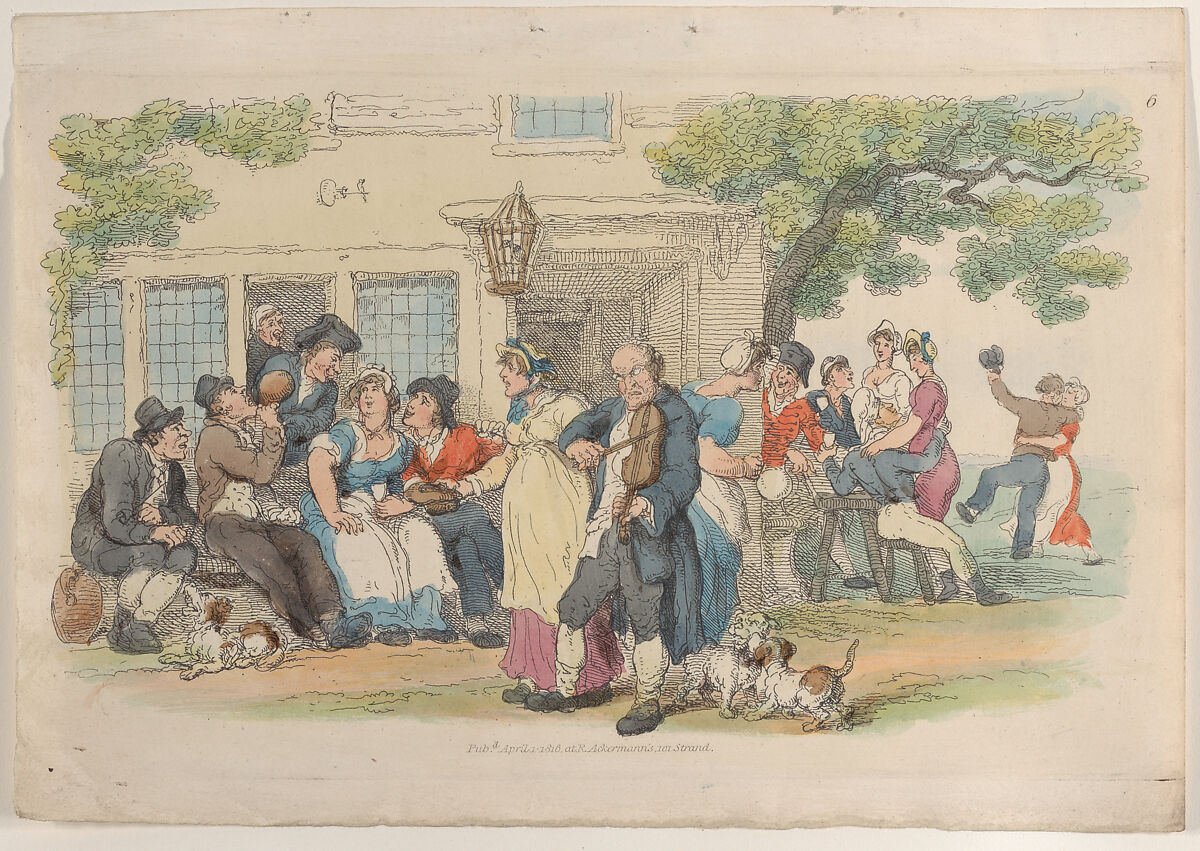 Plate 6: The Ale-House Door, from "World in Miniature", Thomas Rowlandson (British, London 1757–1827 London), Hand-colored etching 