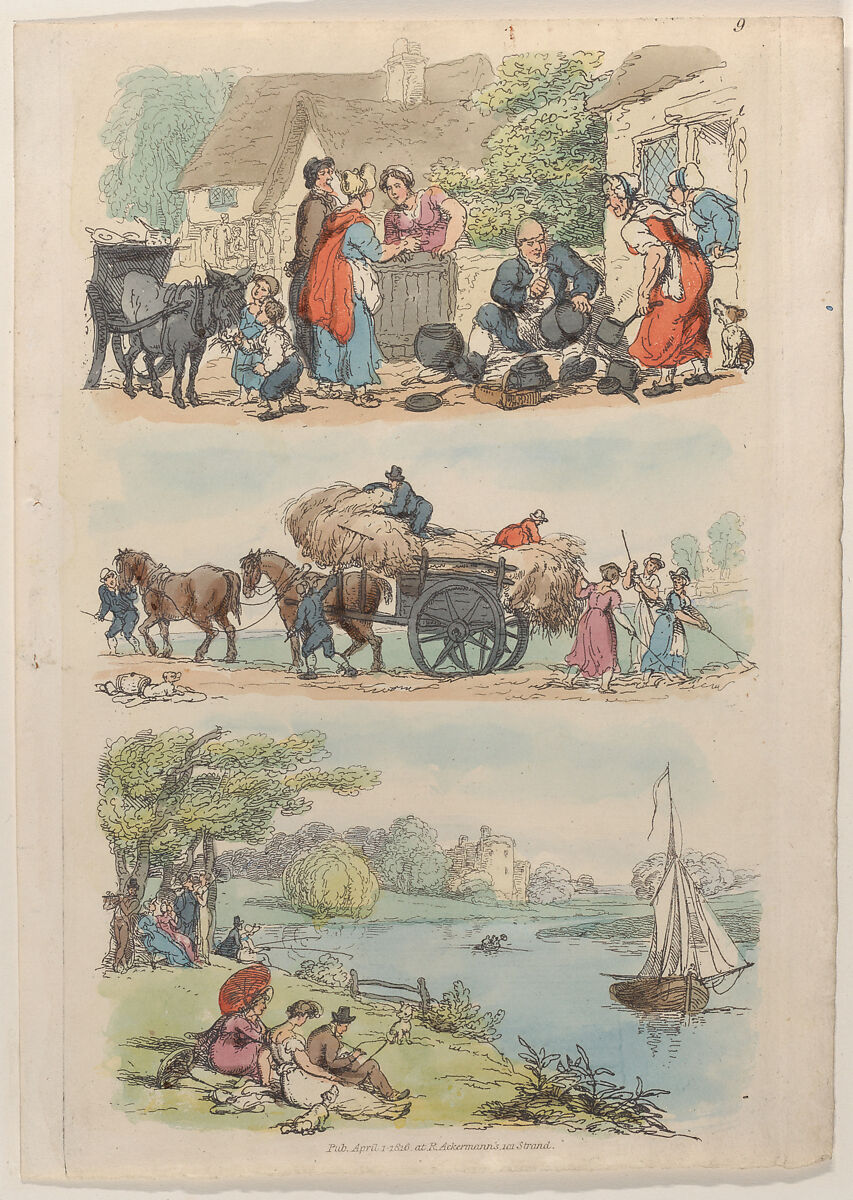 Plate 9, from "World in Miniature", Thomas Rowlandson (British, London 1757–1827 London), Hand-colored etching 
