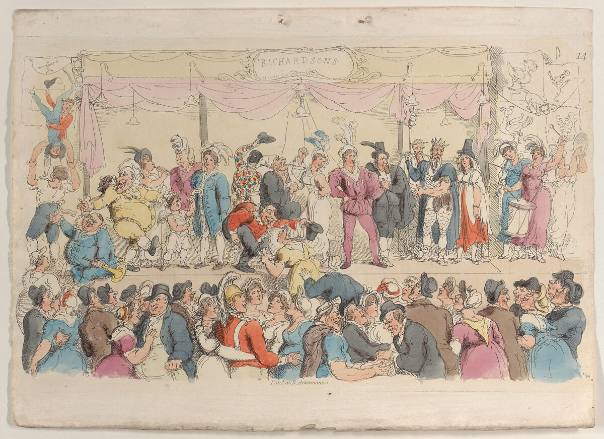 Plate 14: Richardson's Show, from "World in Miniature", Thomas Rowlandson (British, London 1757–1827 London), Hand-colored etching 