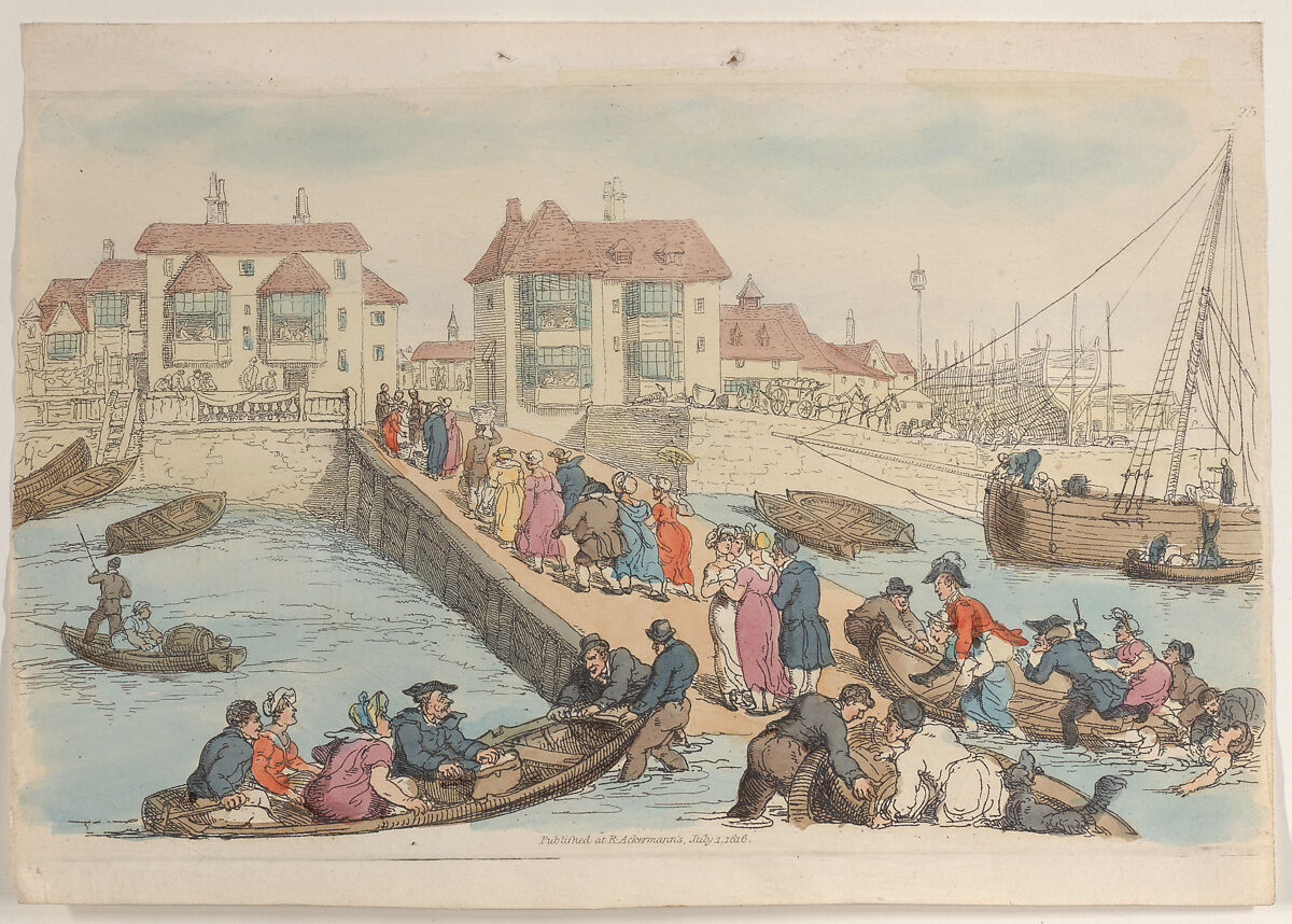 Plate 25: A Landing Place, from "World in Miniature", Thomas Rowlandson (British, London 1757–1827 London), Hand-colored etching 