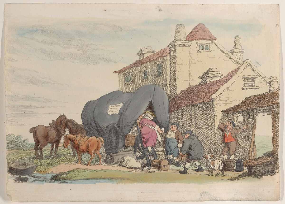 Plate 26: A Flying Wagon, from "World in Miniature", Thomas Rowlandson (British, London 1757–1827 London), Hand-colored etching 