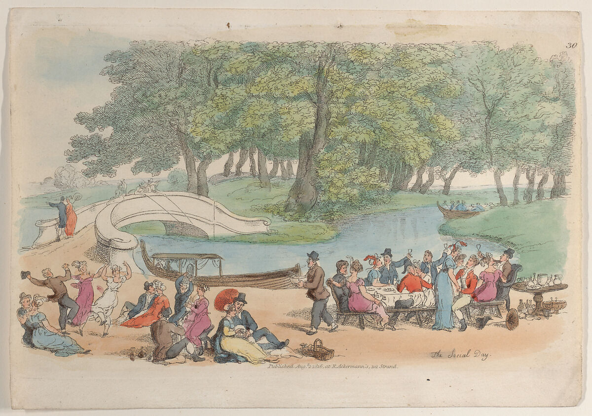Plate 30: The Social Day, from "World in Miniature", Thomas Rowlandson (British, London 1757–1827 London), Hand-colored etching 