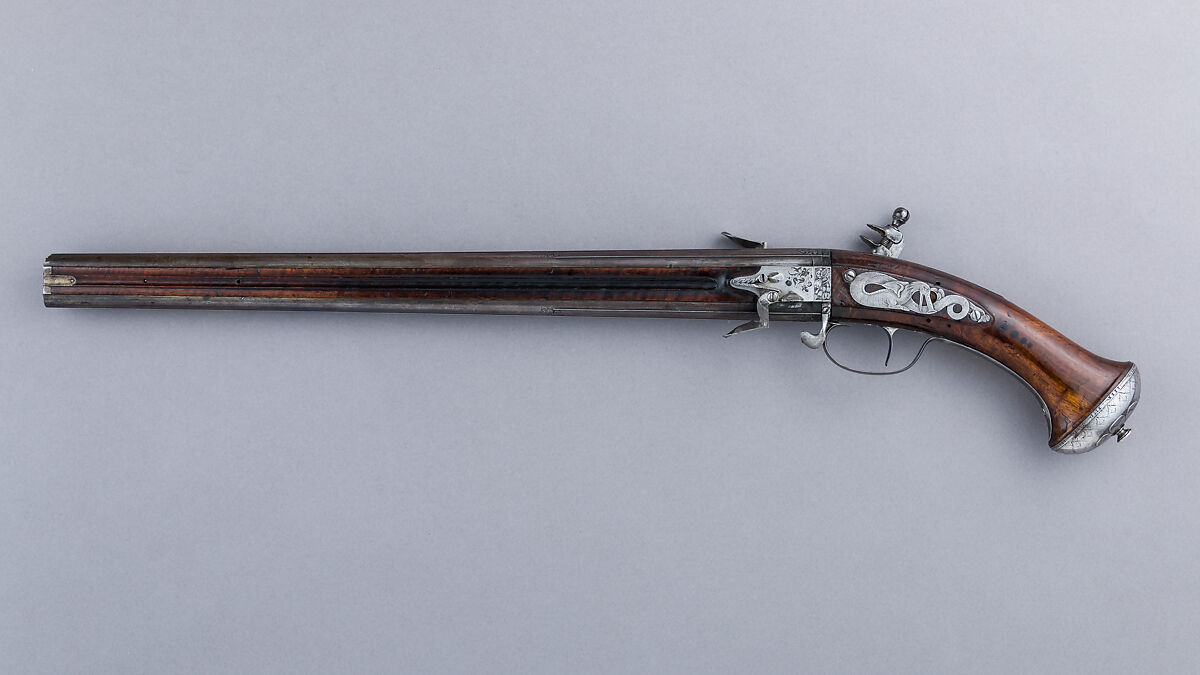 Flintlock Wender Pistol, Claude Cunet (French, active Lyon, ca. 1640–60), Wood, steel, iron, French, Lyon