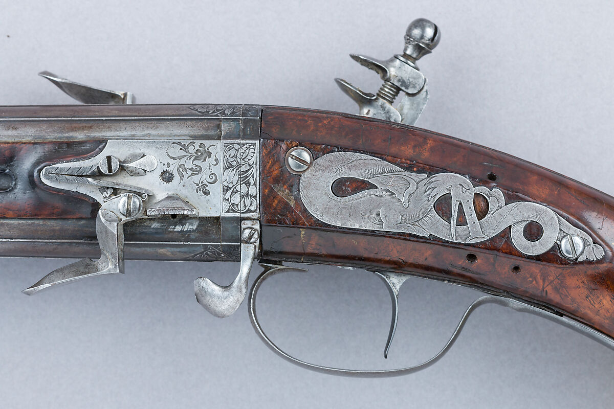 Flintlock Wender Pistol, Claude Cunet (French, active Lyon, ca. 1640–60), Wood, steel, iron, French, Lyon