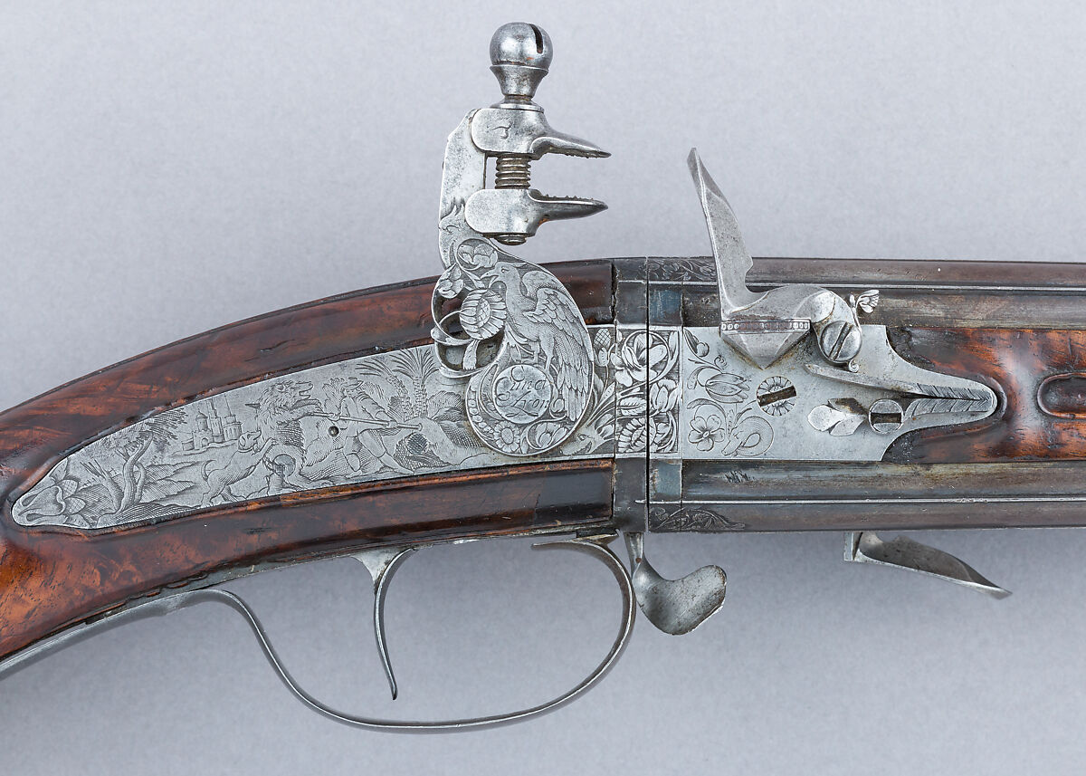 Flintlock Wender Pistol, Claude Cunet (French, active Lyon, ca. 1640–60), Wood, steel, iron, French, Lyon