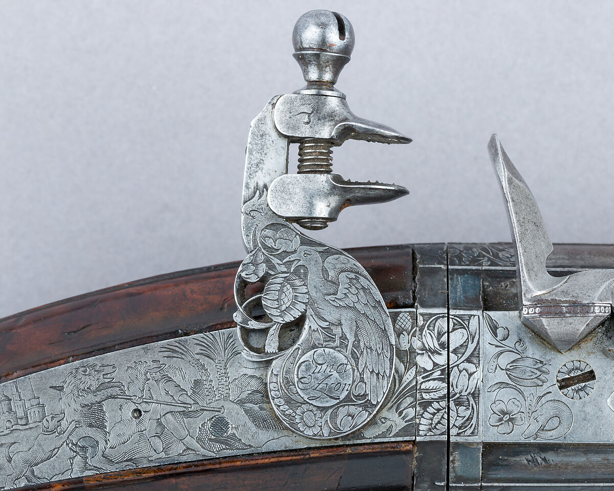 Flintlock Wender Pistol, Claude Cunet (French, active Lyon, ca. 1640–60), Wood, steel, iron, French, Lyon