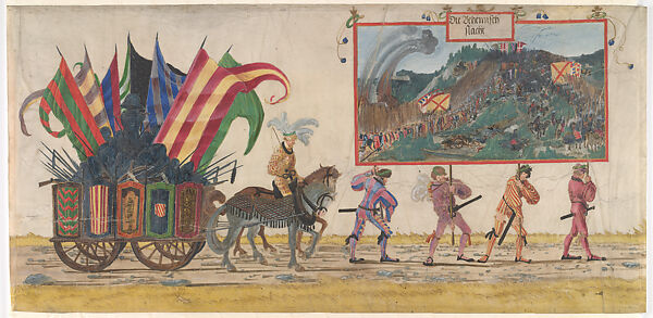 The Bohemian Trophy Carriage and the Bohemian Battle, from the Triumphal Procession of Maximilian I, Albrecht Altdorfer (German, Regensburg ca. 1480–1538 Regensburg)  , and his workshop, Watercolor and gouache on parchment, South German, Regensburg 