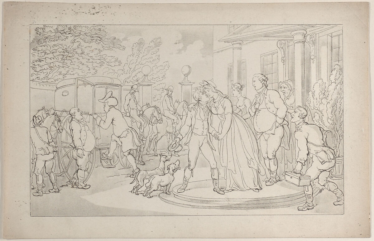 Foreign Tour: Setting Forth on His Continental Travels, The Parting from Home, from "The Dance of Life", Thomas Rowlandson (British, London 1757–1827 London), Etching and aquatint; proof before letters 