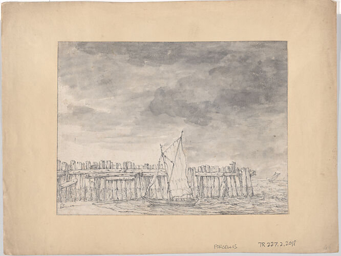 Boat Moored on a Beach by a Wooden Palisade (recto); Study of Trees (verso)