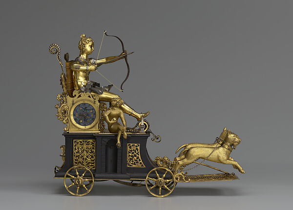 Automaton Clock in the Form of Diana on her Chariot, Case: ebony, bronze (gilded); dials: silver (partly enameled);
movement: iron, brass, Southern German, probably Augsburg 