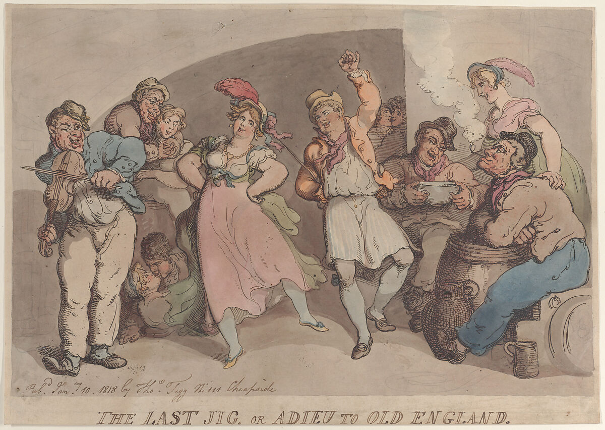 The Last Jig or Adieu to Old England, Thomas Rowlandson (British, London 1757–1827 London), Hand-colored etching; proof before letters 