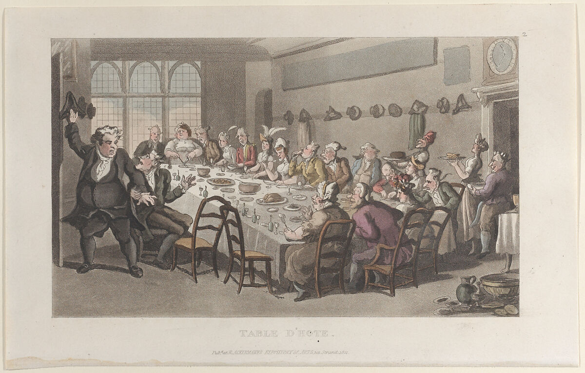 Table d'Hote, from "Journal of Sentimental Travels in the Southern Provinces of France, Shortly Before the Revolution", Thomas Rowlandson (British, London 1757–1827 London), Hand-colored etching and aquatint 