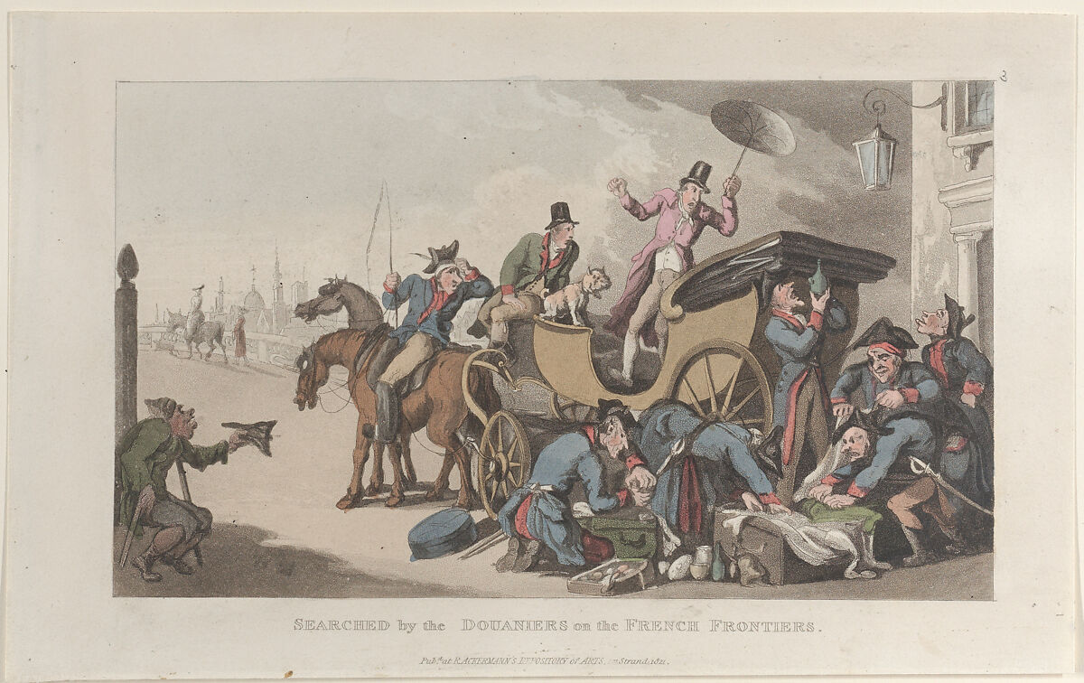Searched by the Douaniers on the French Frontiers, from "Journal of Sentimental Travels in the Southern Provinces of France, Shortly Before the Revolution", Thomas Rowlandson (British, London 1757–1827 London), Hand-colored etching and aquatint 
