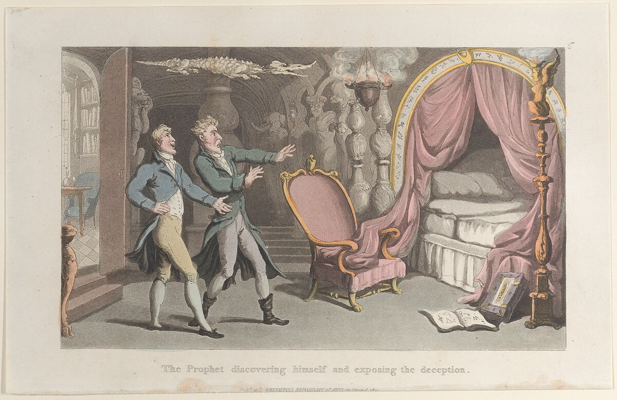 The Prophet discovering himself and exposing the deception, from "Journal of Sentimental Travels in the Southern Provinces of France, Shortly Before the Revolution", Thomas Rowlandson (British, London 1757–1827 London), Hand-colored etching and aquatint 