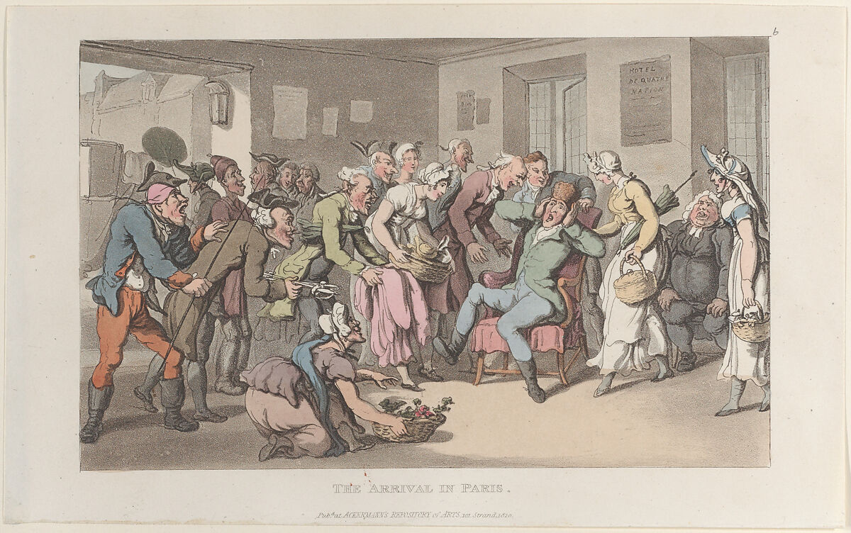 The Arrival in Paris, from "Journal of Sentimental Travels in the Southern Provinces of France, Shortly Before the Revolution", Thomas Rowlandson (British, London 1757–1827 London), Hand-colored etching and aquatint 