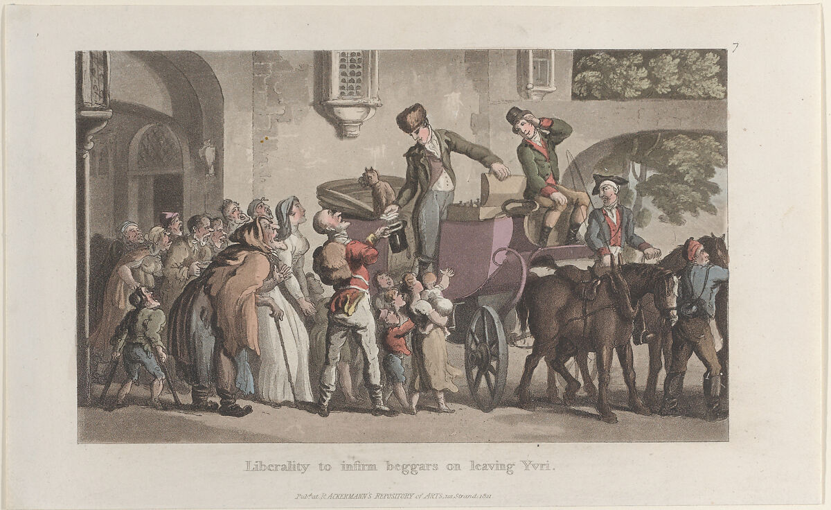 Liberality to infirm beggars on leaving Yrvi, from "Journal of Sentimental Travels in the Southern Provinces of France, Shortly Before the Revolution", Thomas Rowlandson (British, London 1757–1827 London), Hand-colored etching and aquatint 