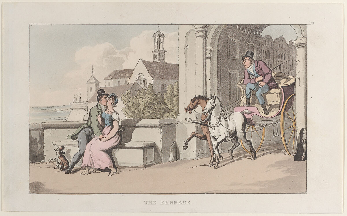 The Embrace, from "Journal of Sentimental Travels in the Southern Provinces of France, Shortly Before the Revolution", Thomas Rowlandson (British, London 1757–1827 London), Hand-colored etching and aquatint 