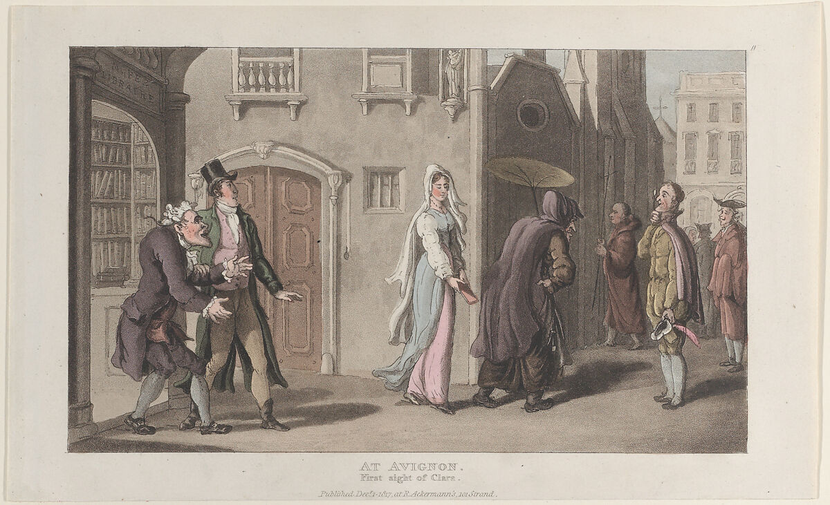At Avignon, First Sight of Clara, from "Journal of Sentimental Travels in the Southern Provinces of France, Shortly Before the Revolution", Thomas Rowlandson (British, London 1757–1827 London), Hand-colored etching and aquatint 