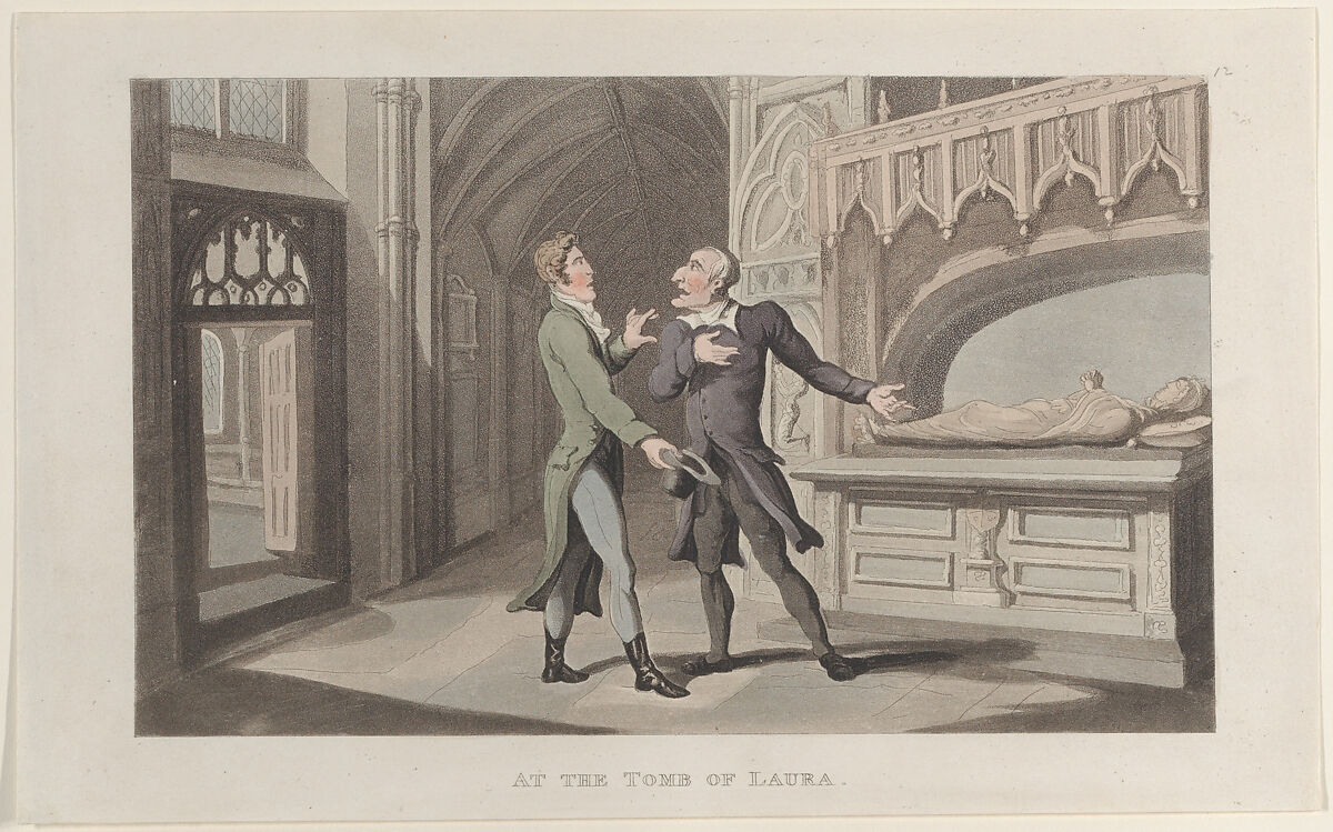 At the Tomb of Laura, from "Journal of Sentimental Travels in the Southern Provinces of France, Shortly Before the Revolution", Thomas Rowlandson (British, London 1757–1827 London), Hand-colored etching and aquatint 