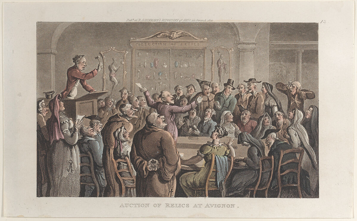 Auction of Relics at Avignon, from "Journal of Sentimental Travels in the Southern Provinces of France, Shortly Before the Revolution", Thomas Rowlandson (British, London 1757–1827 London), Hand-colored etching and aquatint 