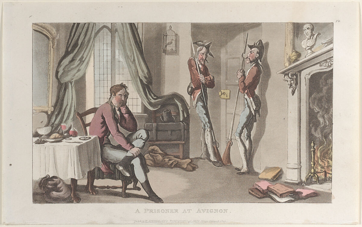 A Prisoner at Avignon, from "Journal of Sentimental Travels in the Southern Provinces of France, Shortly Before the Revolution", Thomas Rowlandson (British, London 1757–1827 London), Hand-colored etching and aquatint 