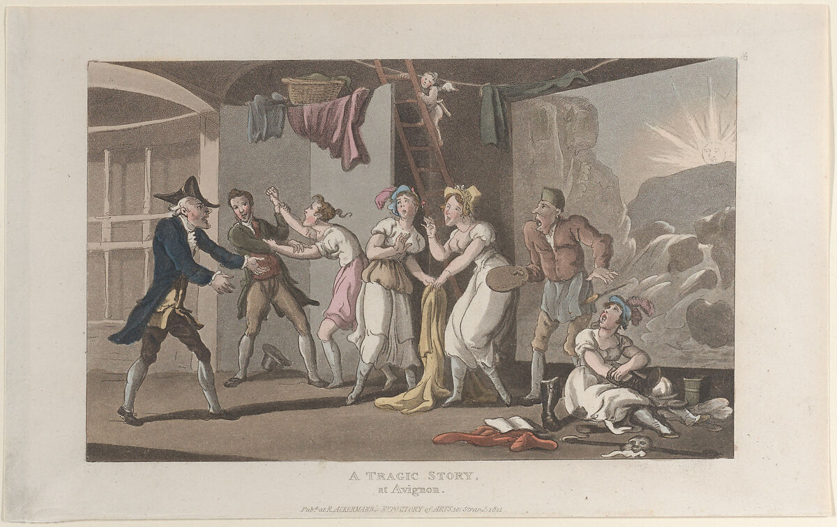 A Tragic Story at Avignon, from "Journal of Sentimental Travels in the Southern Provinces of France, Shortly Before the Revolution", Thomas Rowlandson (British, London 1757–1827 London), Hand-colored etching and aquatint 