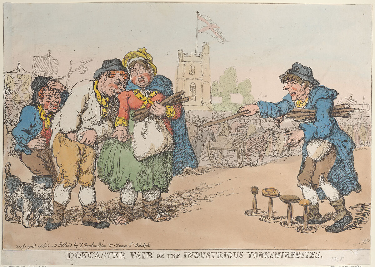 Doncaster Fair or the Industrious Yorkshirebites, Thomas Rowlandson (British, London 1757–1827 London), Hand-colored etching 