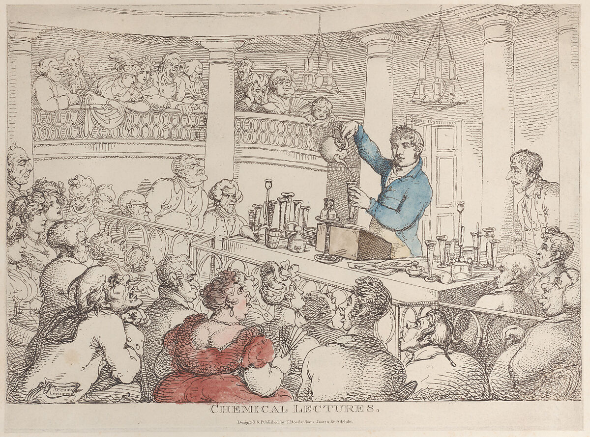 Chemical Lectures, Thomas Rowlandson (British, London 1757–1827 London), Hand-colored etching (partially colored) 