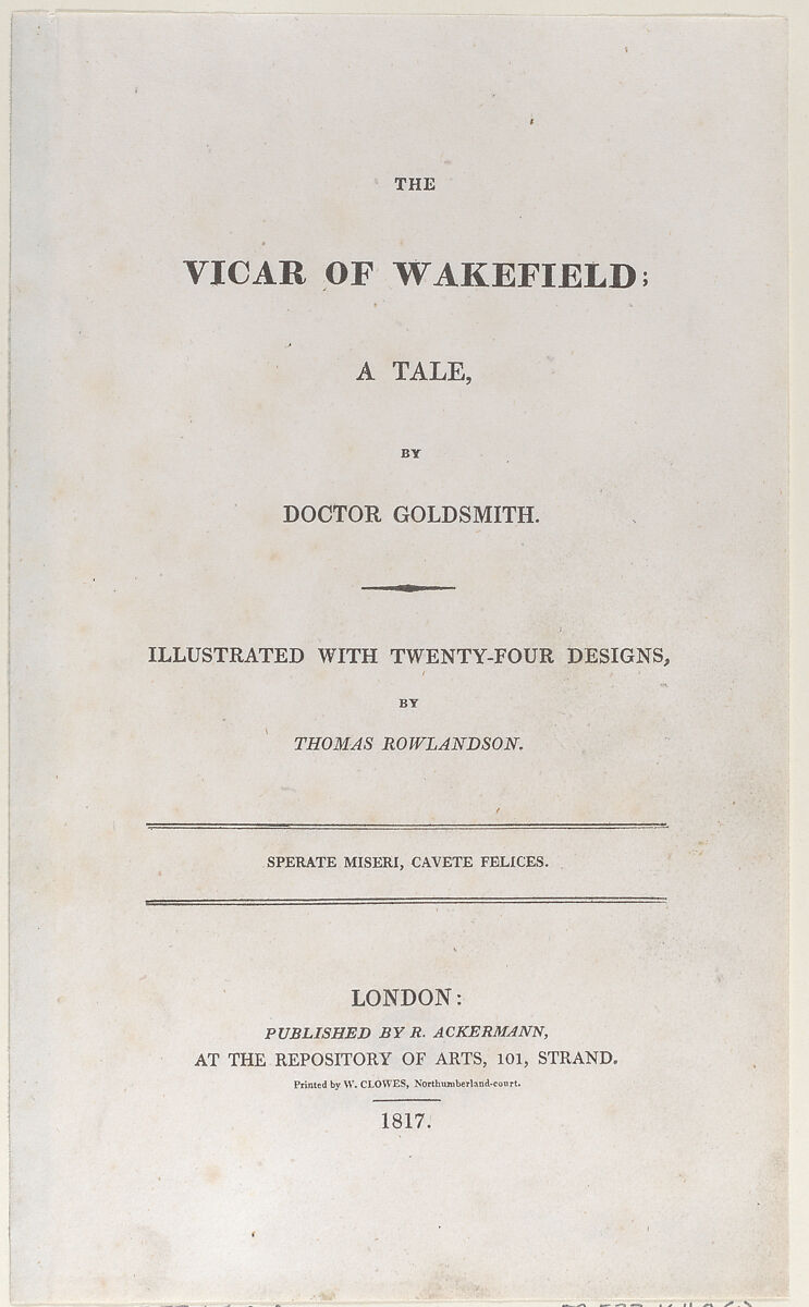 Title page, from "The Vicar of Wakefield", Thomas Rowlandson (British, London 1757–1827 London), Letterpress 