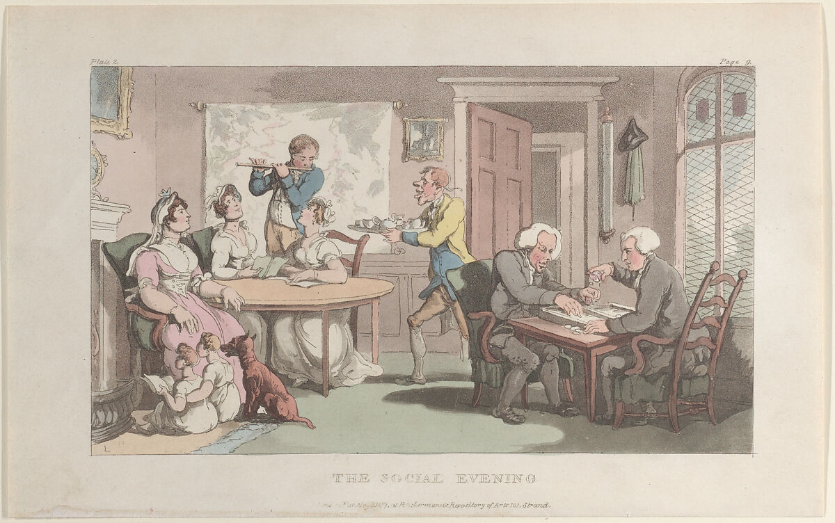 The Social Evening, from "The Vicar of Wakefield", Thomas Rowlandson (British, London 1757–1827 London), Hand-colored etching and aquatint 