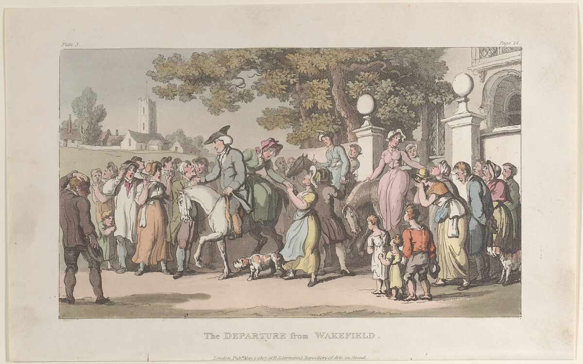 The Departure from Wakefield, from "The Vicar of Wakefield", Thomas Rowlandson (British, London 1757–1827 London), Hand-colored etching and aquatint 
